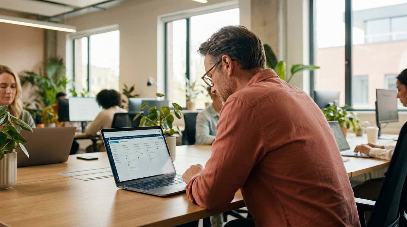 Sales manager reviewing pipeline data on a laptop in a bright open office environment