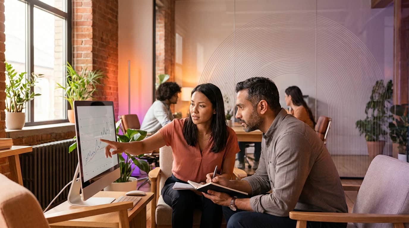 Marketing team reviewing campaign attribution reports together in a collaborative workspace
