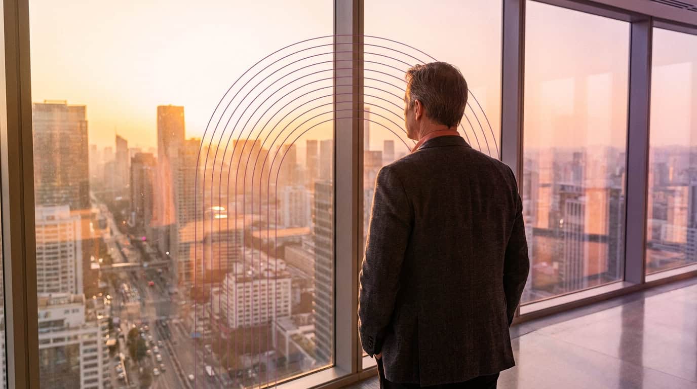 A business leader standing confidently at a window overlooking an urban cityscape, deep in thought