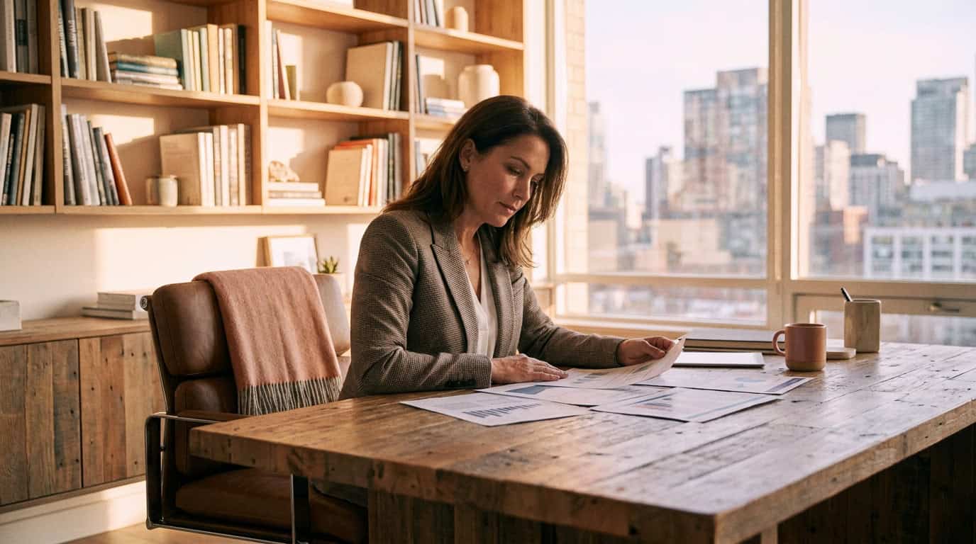A business owner reviewing strategy documents at a desk in a contemporary office environment