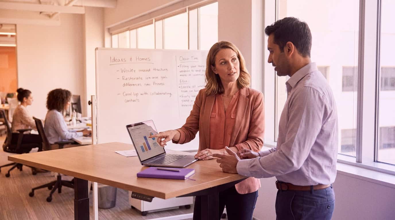 A sales leader discussing pipeline performance with a colleague in a bright open-plan workspace