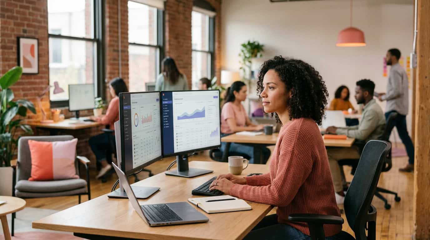 An in-house marketing manager working at a dual-monitor setup in a collaborative modern studio