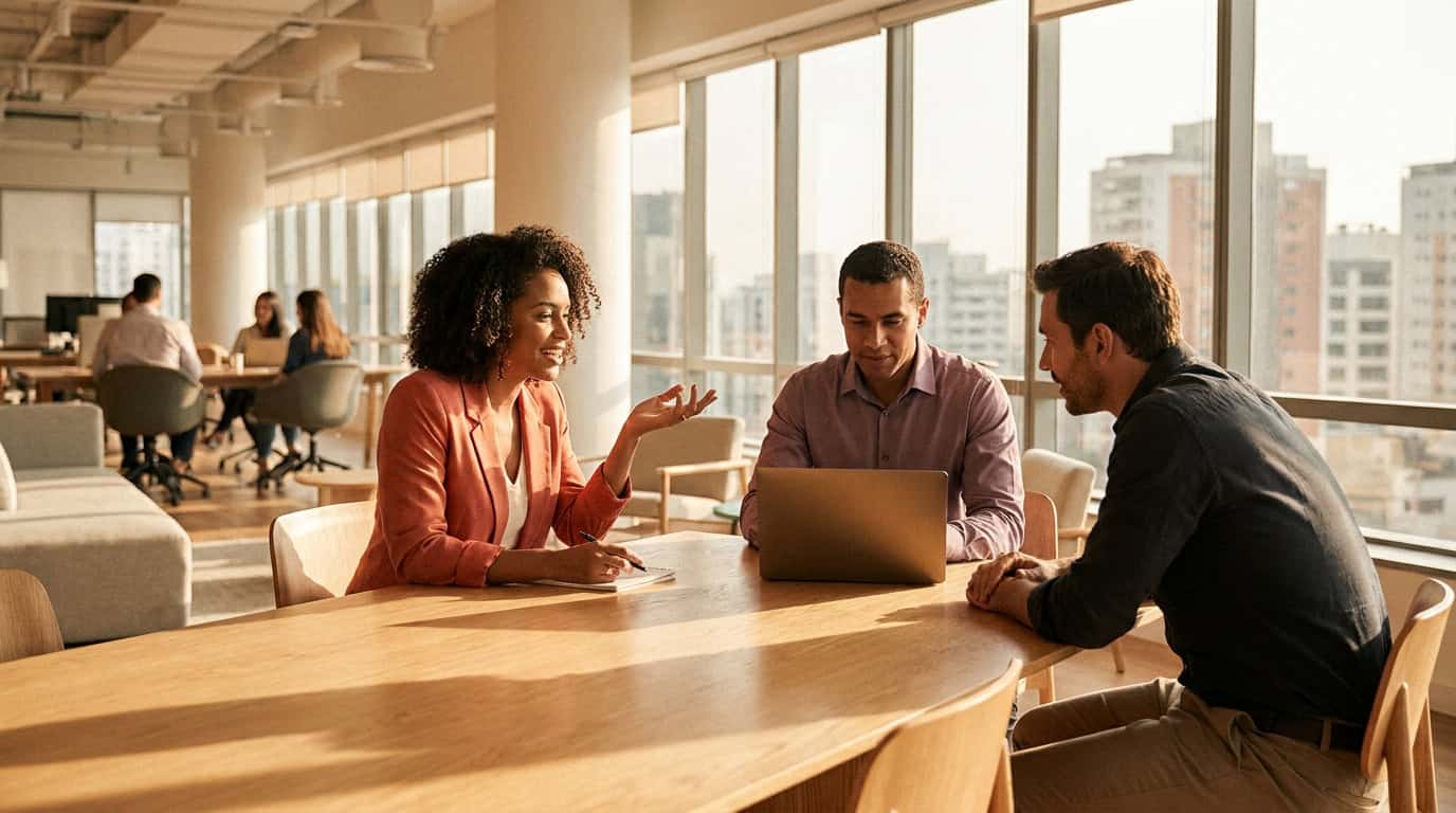 Business professionals in a candid collaborative discussion around a conference table in a modern urban workspace