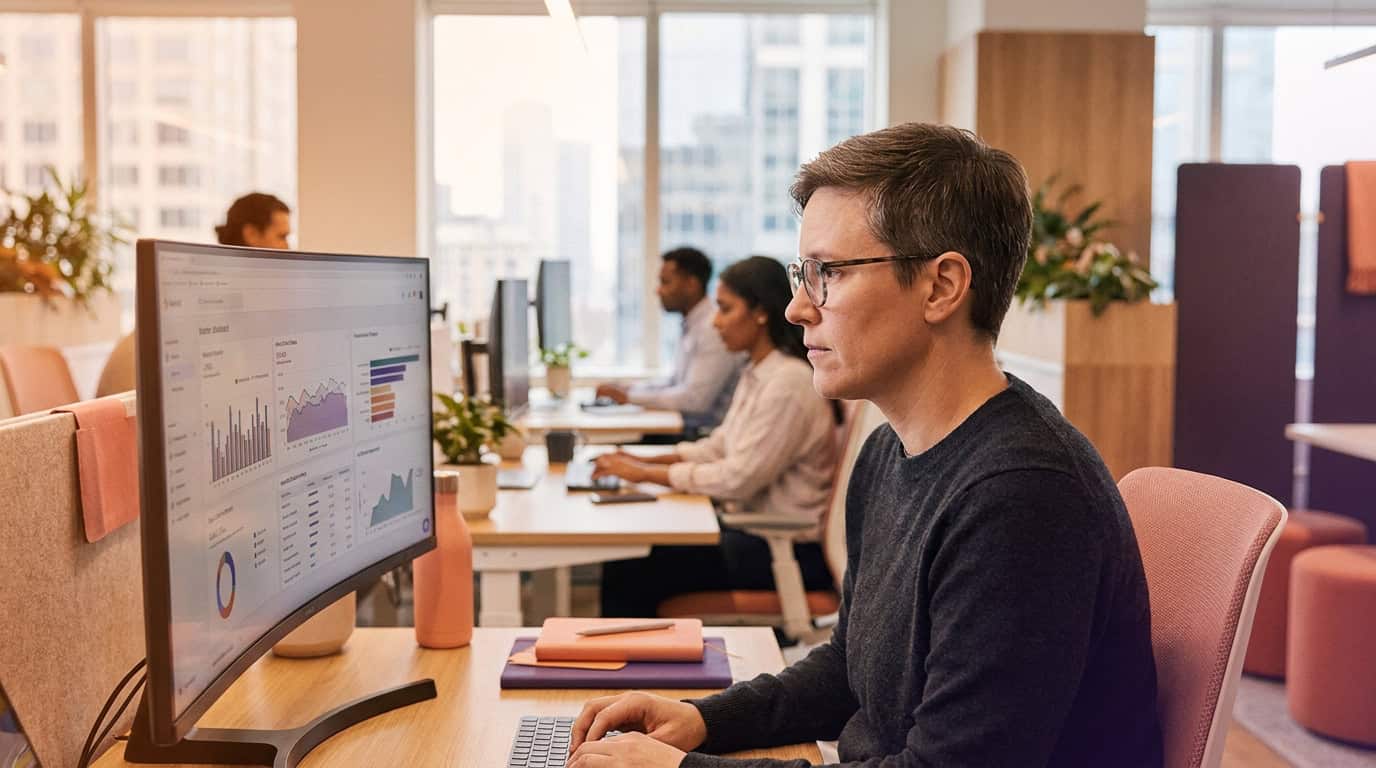 A sales leader reviewing marketing performance data on a large monitor in a busy modern office