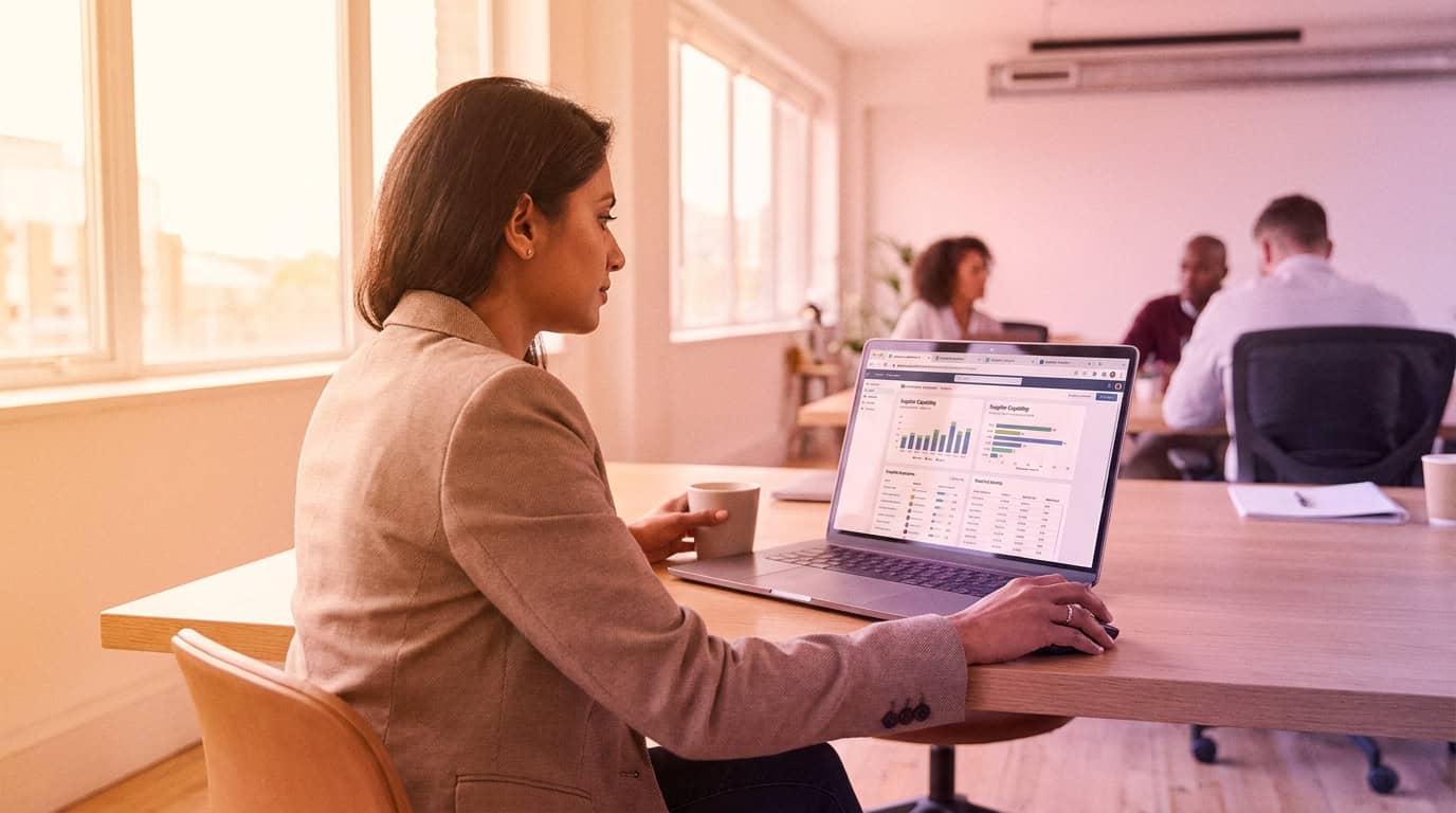 Procurement manager comparing logistics providers on a laptop in a modern office