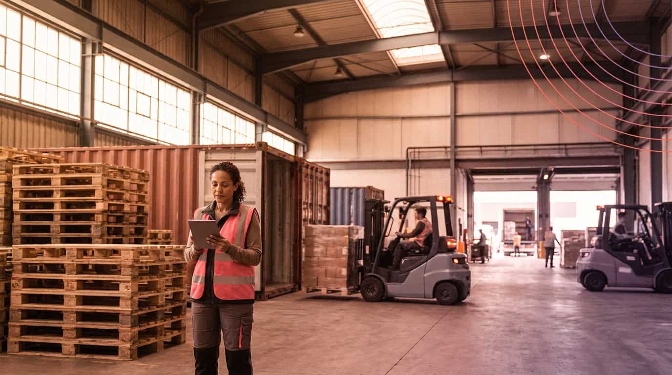 Logistics depot with freight containers and a supply chain manager reviewing operations