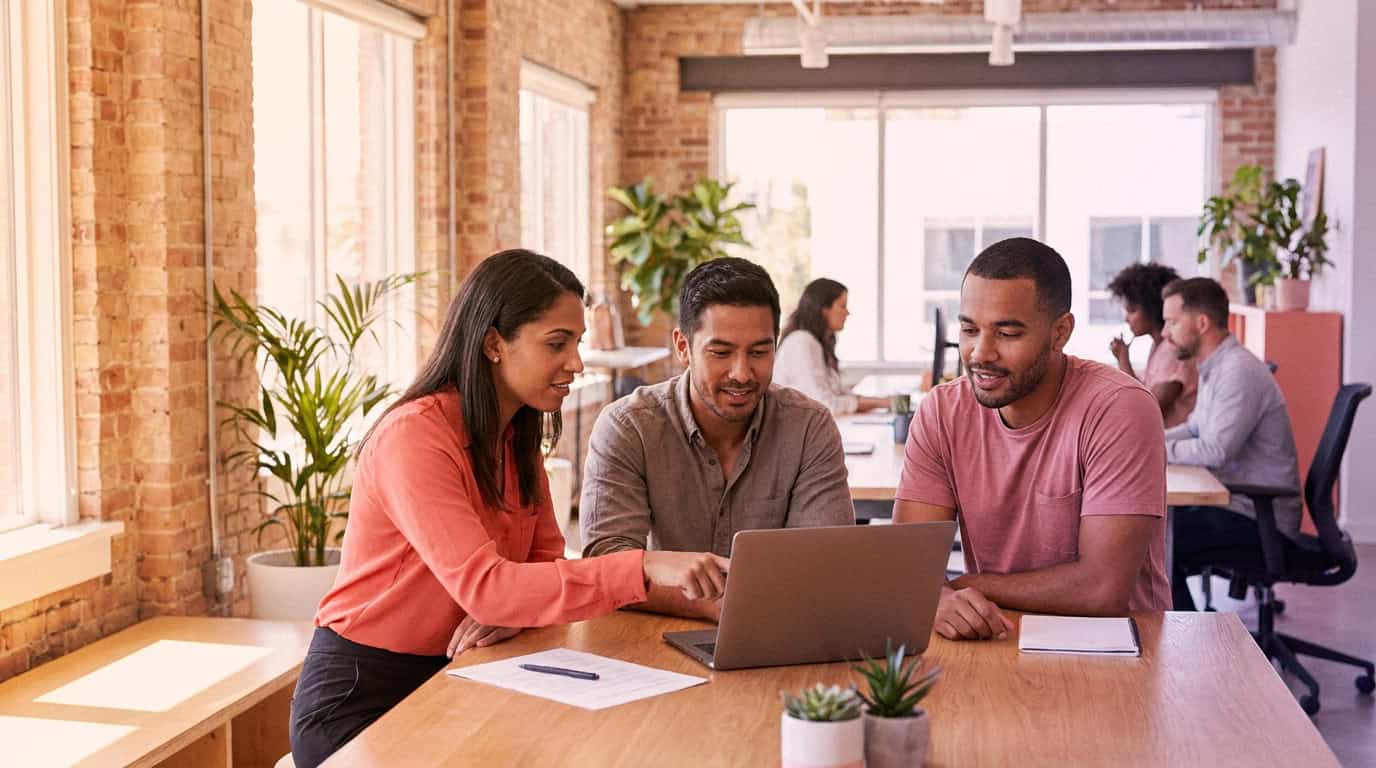 SaaS team collaborating around a laptop in a modern open office