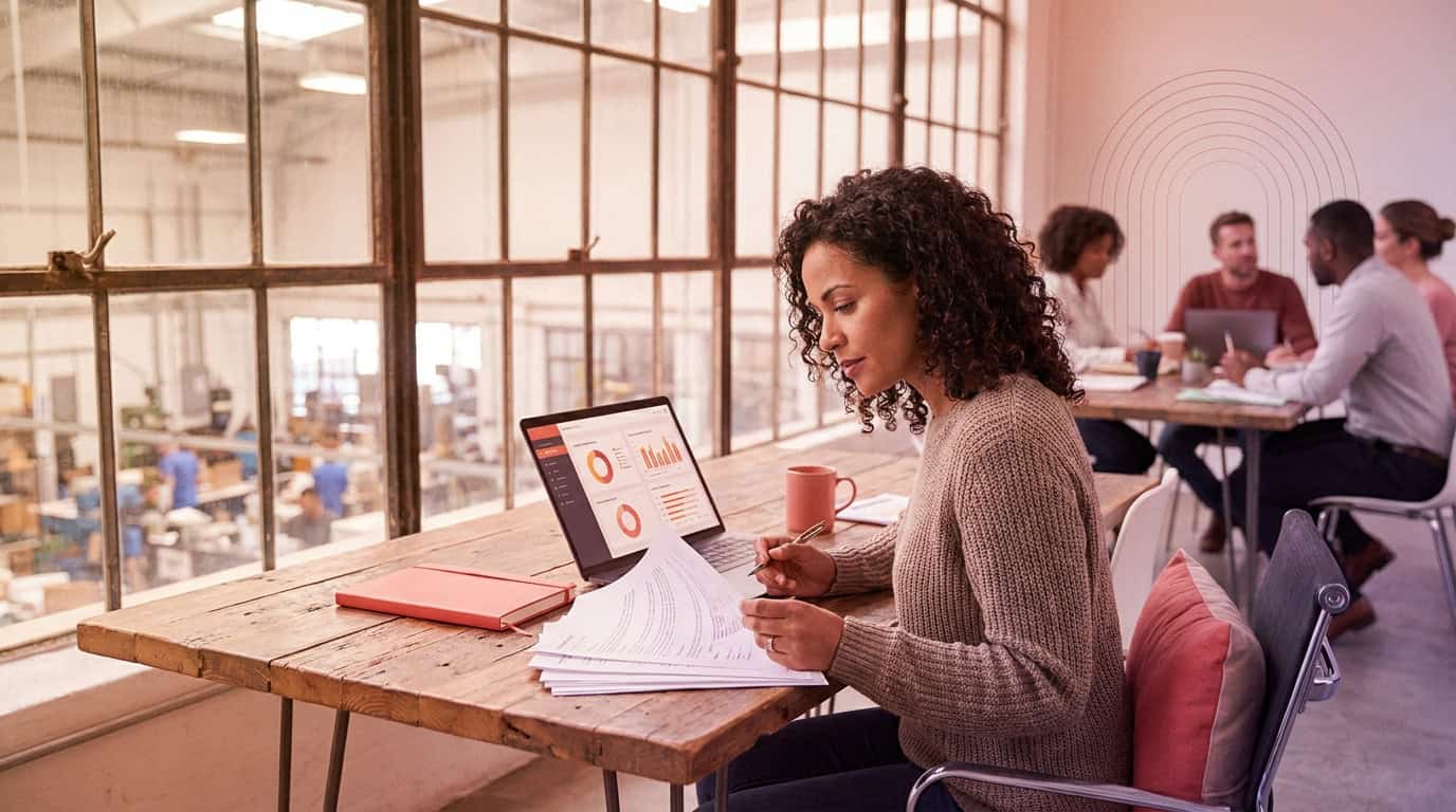 Procurement professional reviewing supplier documentation in a modern industrial office