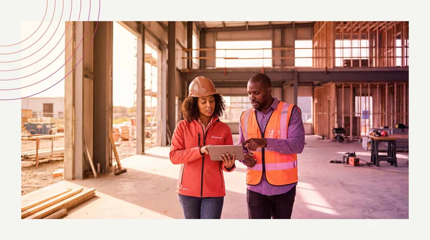Two construction professionals walking through a large industrial building site discussing a project