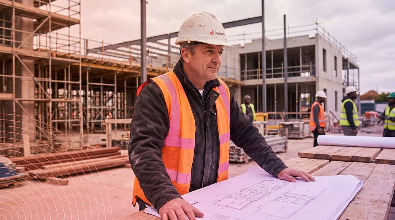 Construction project manager reviewing blueprints on a commercial building site