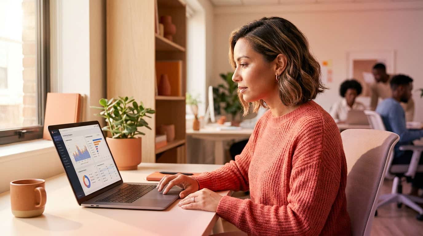 Marketing professional reviewing analytics across multiple digital platforms on a laptop