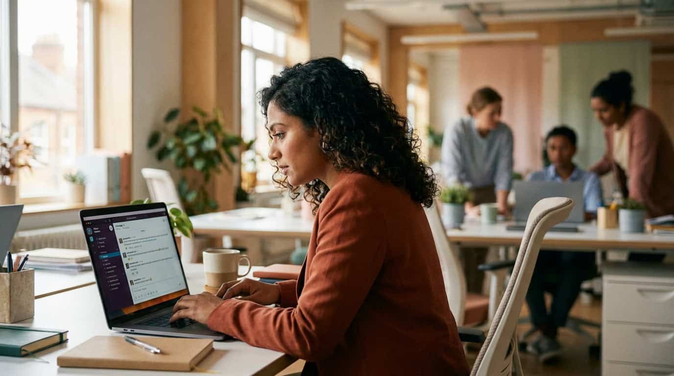 Marketing professional reviewing AI search results on a laptop in a contemporary office