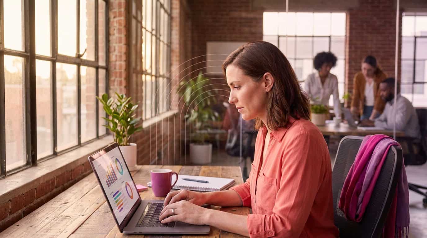Marketing professional reviewing SEO rankings on a laptop in a modern office
