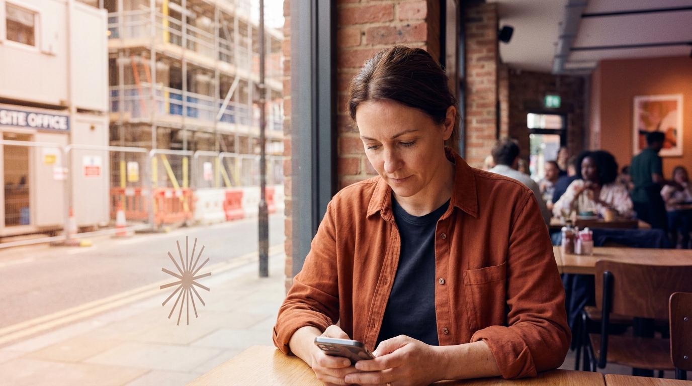 Business owner scrolling a social feed on a phone during a work break