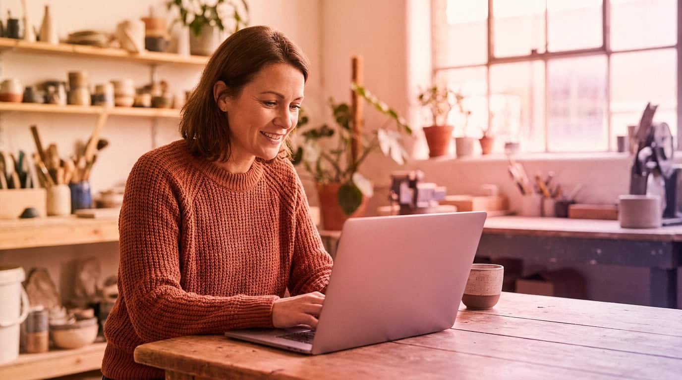 Business owner reading a customer email on her laptop in a sunlit studio