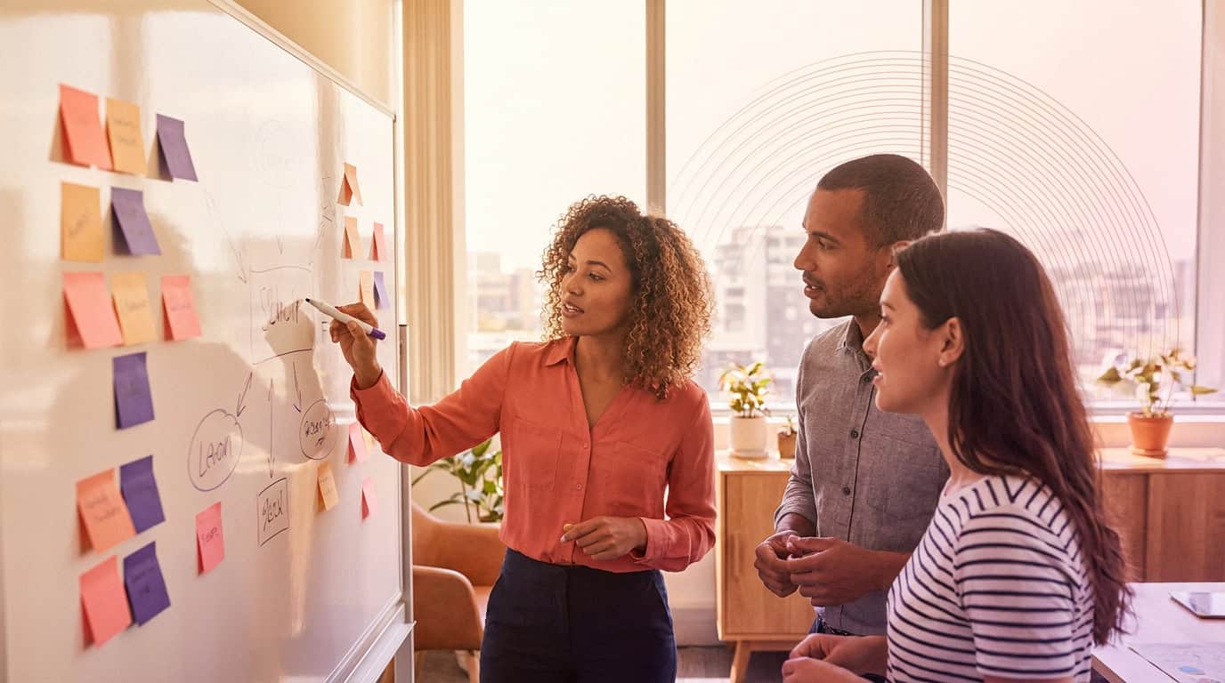 Marketing and sales team reviewing a campaign plan together at a whiteboard