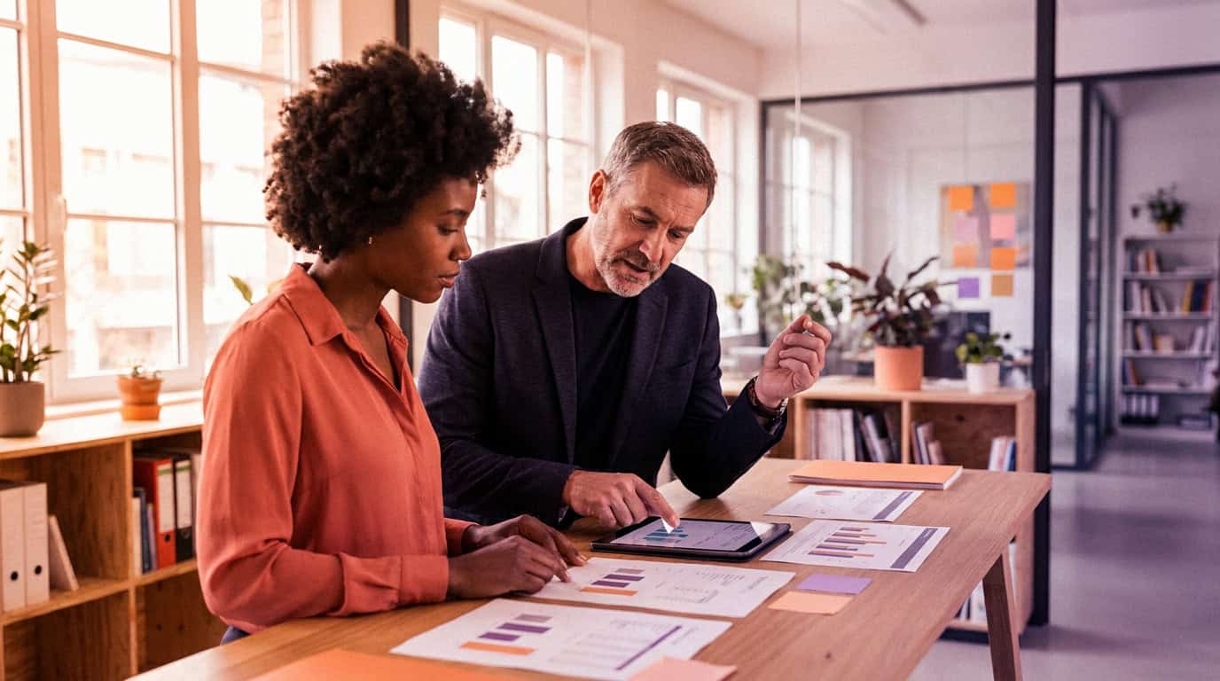 Marketing and sales leads reviewing shared performance figures together