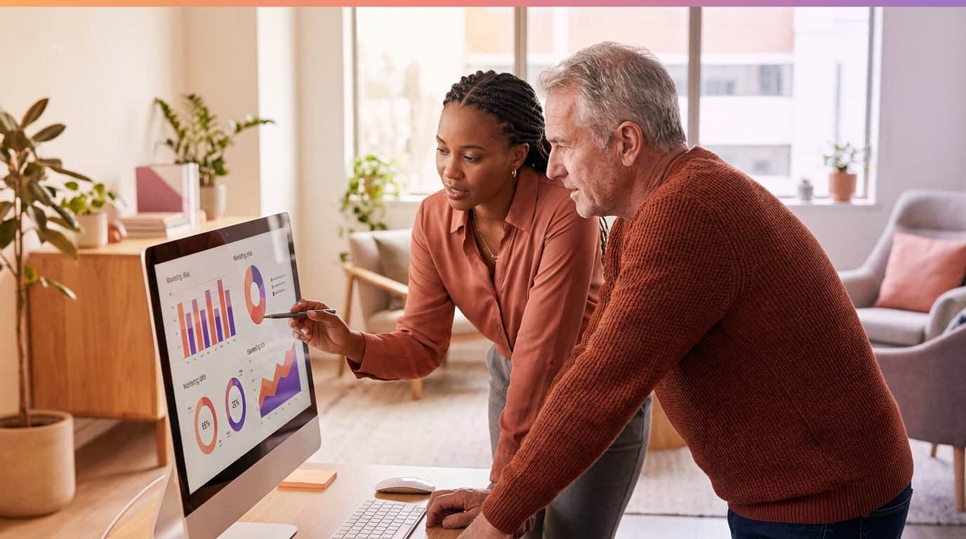 Marketing strategist reviewing a live channel performance dashboard with a colleague
