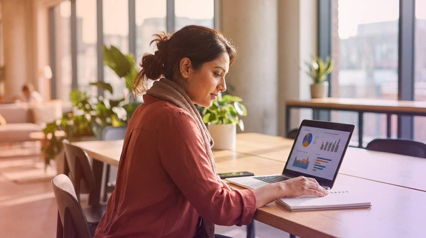 Marketing manager reviewing audience research on a laptop