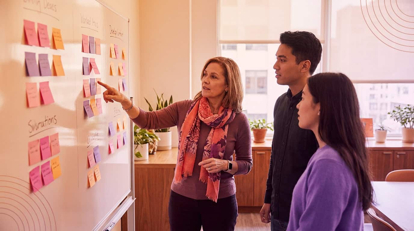 Sales and marketing team mapping customer profiles together on a whiteboard