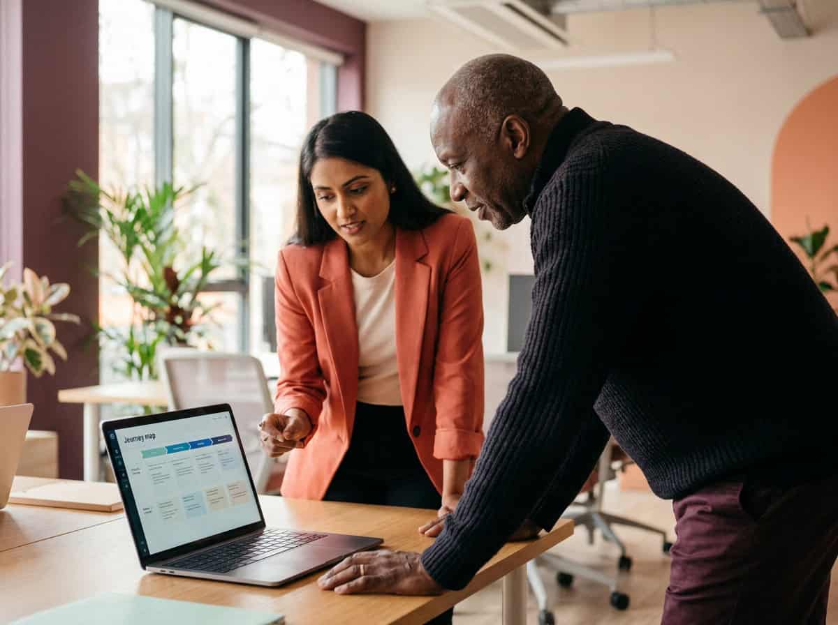 Two colleagues reviewing a customer journey map on a laptop in a modern office