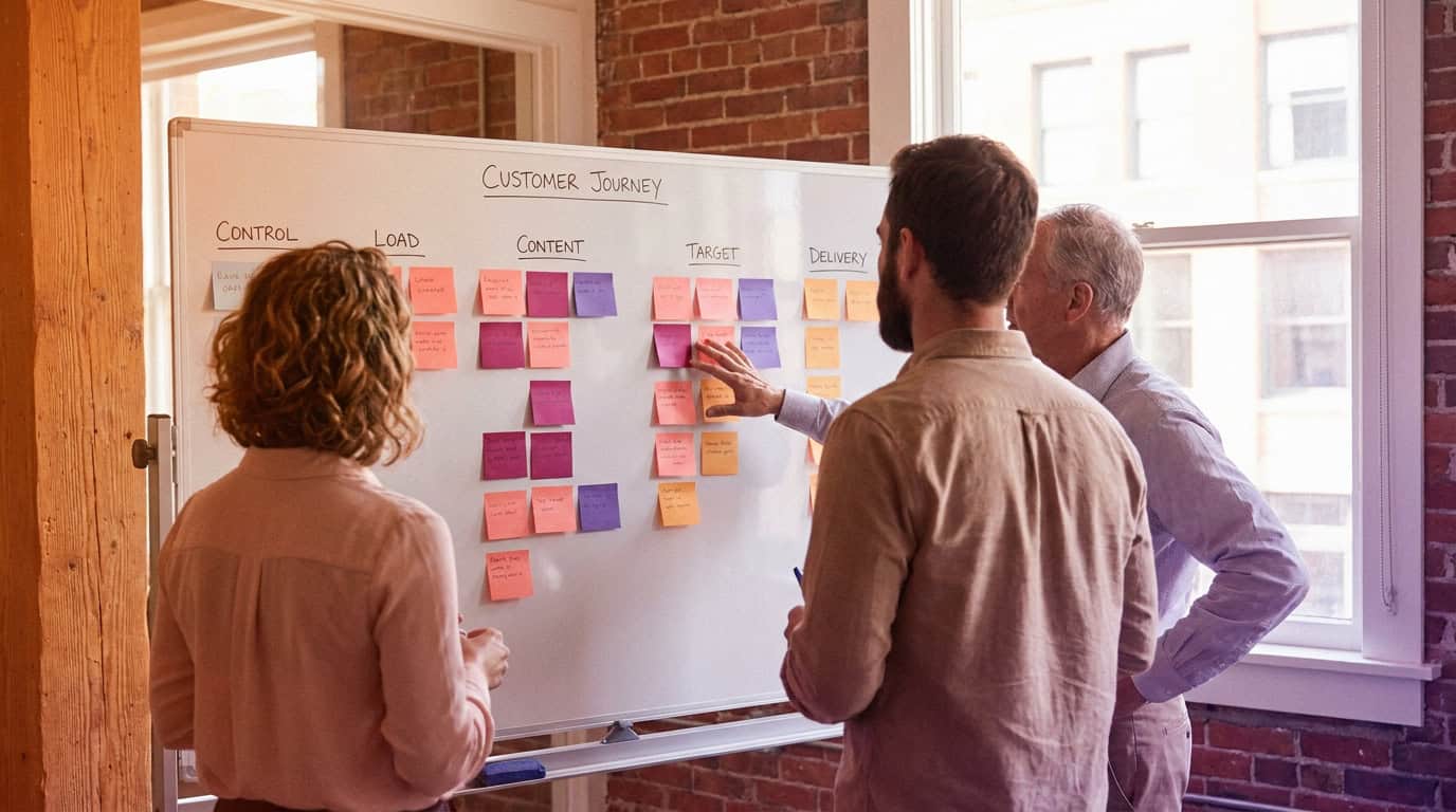 Marketing and sales team mapping buyer touchpoints together on a whiteboard