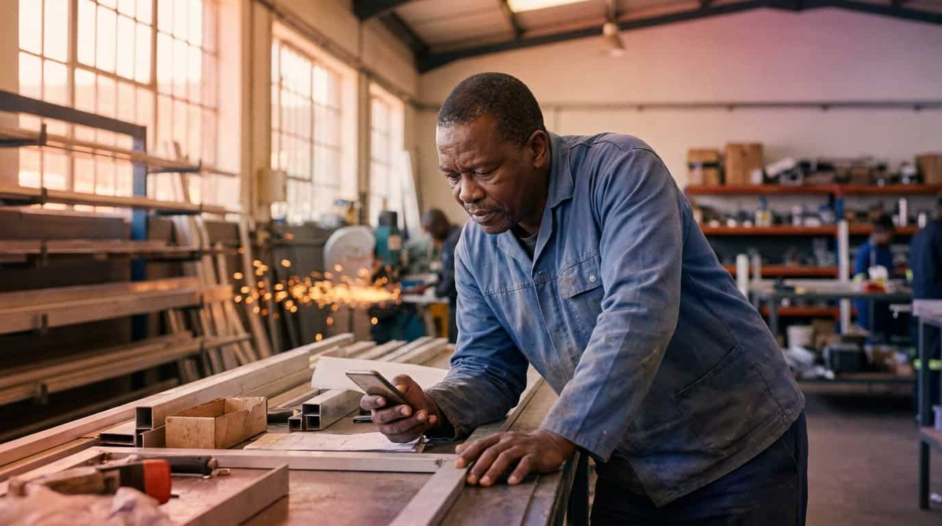 Business owner searching for a supplier on his phone at a workshop counter