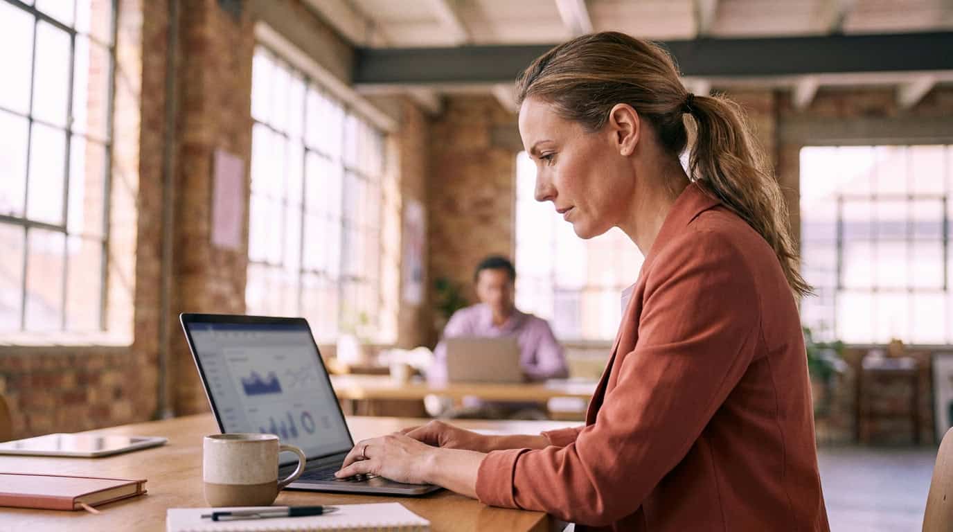Marketing manager reviewing search campaign results on a laptop in a sunlit studio