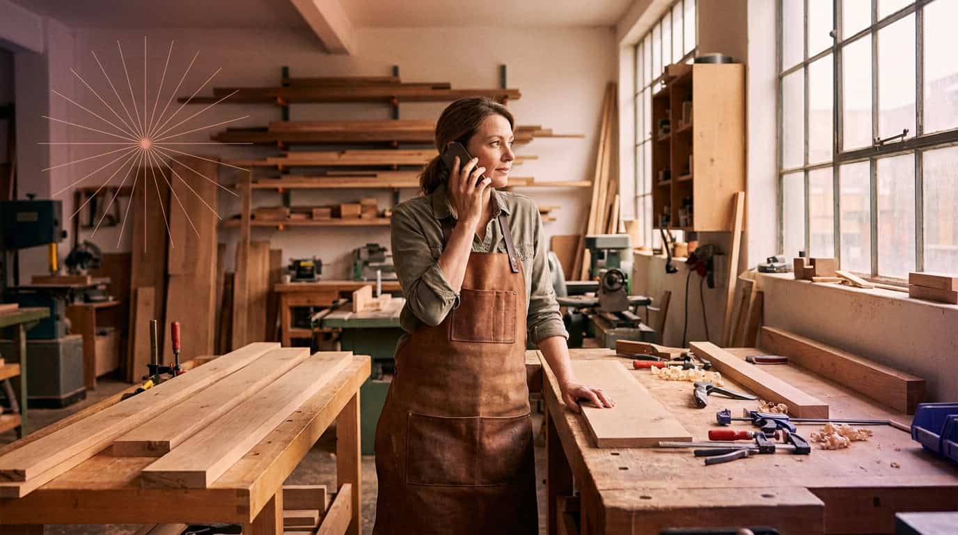 Business owner taking a customer call in her workshop