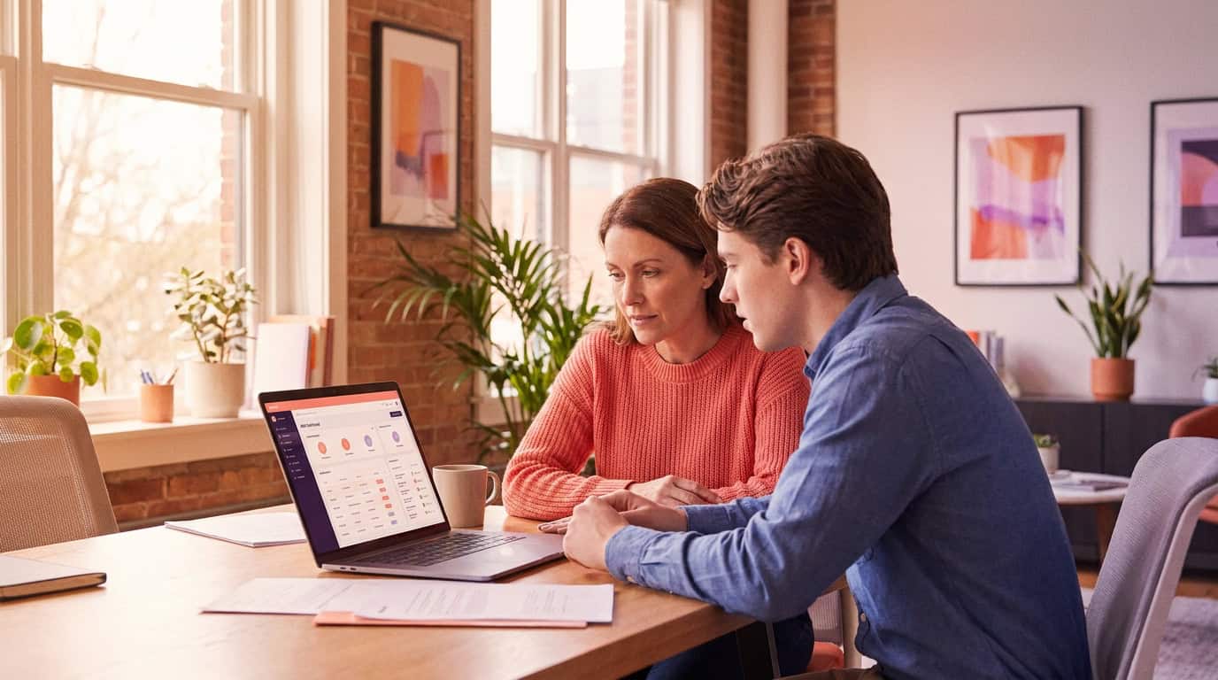 Sales manager reviewing prioritised leads on a laptop with a colleague