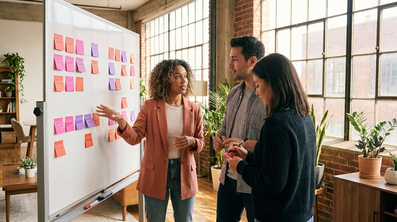 Marketing and sales leads agreeing on ideal customer criteria at a whiteboard