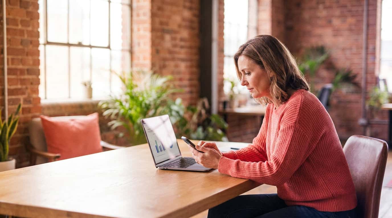 Business owner researching suppliers on a phone and laptop in a warm studio office