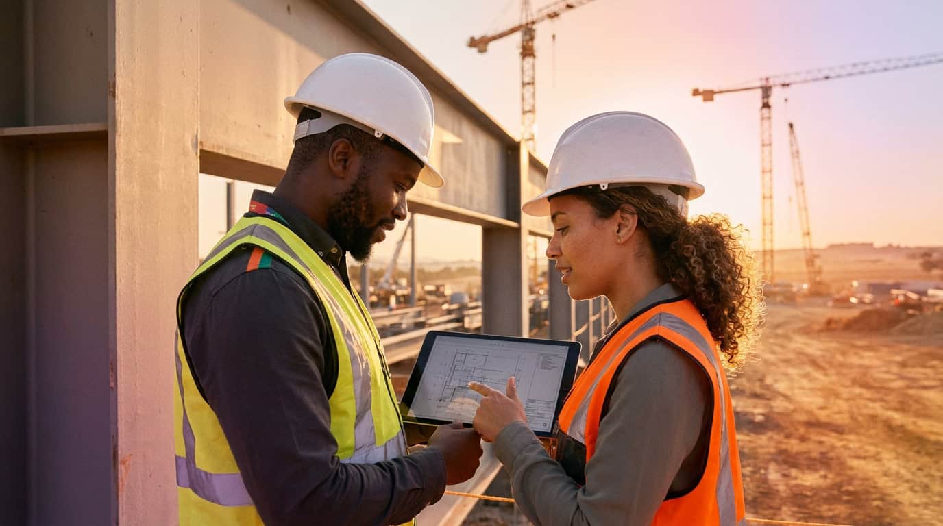 Engineers reviewing plans on a construction and energy site in Southern Africa
