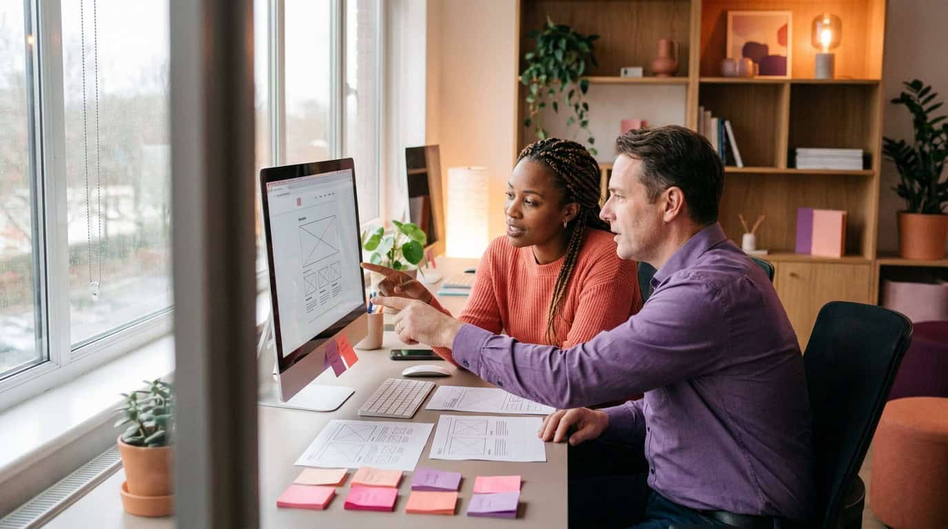 Designers reviewing a website mockup together on a large monitor