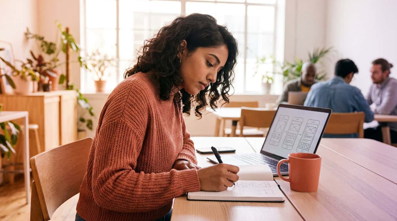 Designer sketching mobile page layouts beside a laptop