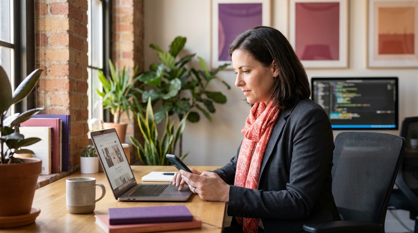 Web developer reviewing a responsive website build across a laptop and phone