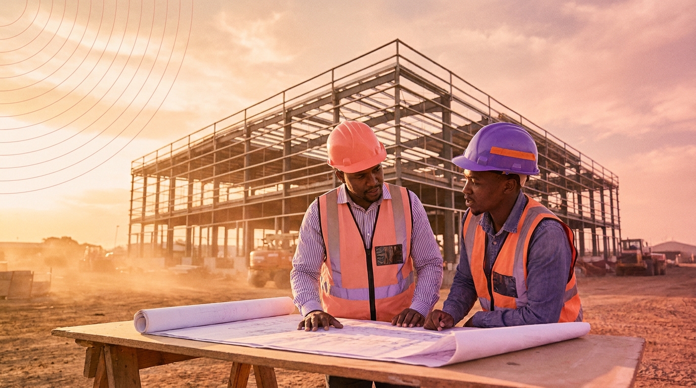 Engineers reviewing plans on a South African construction site