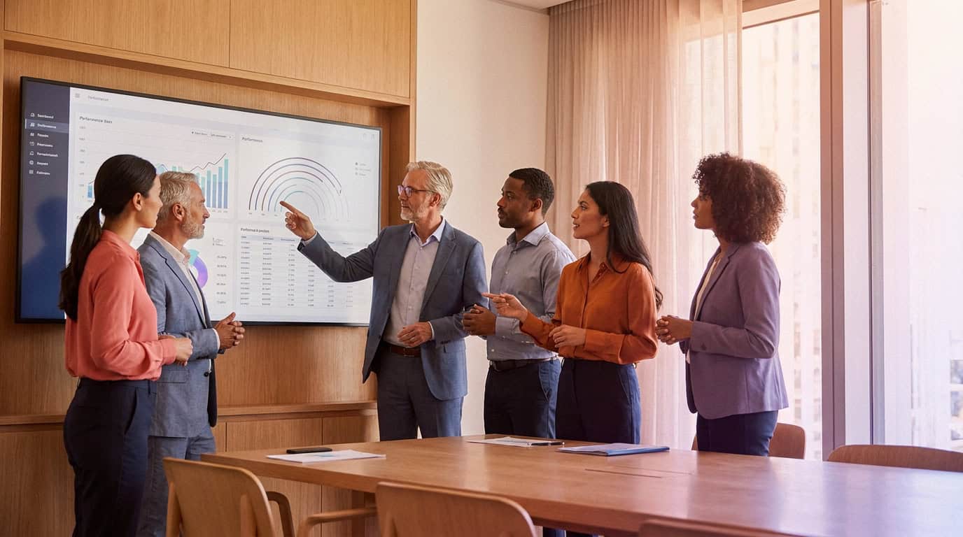 Finance team reviewing performance dashboards in a meeting
