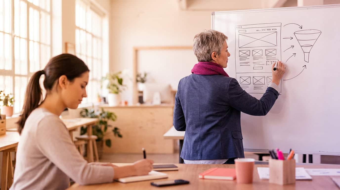Strategist mapping a landing page conversion journey on a whiteboard