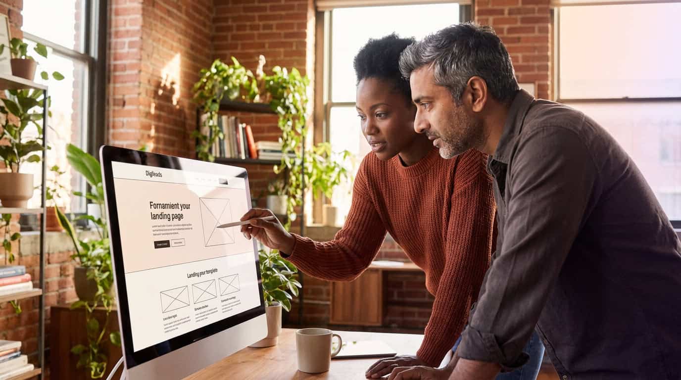 Marketing team reviewing a landing page layout together on a large monitor