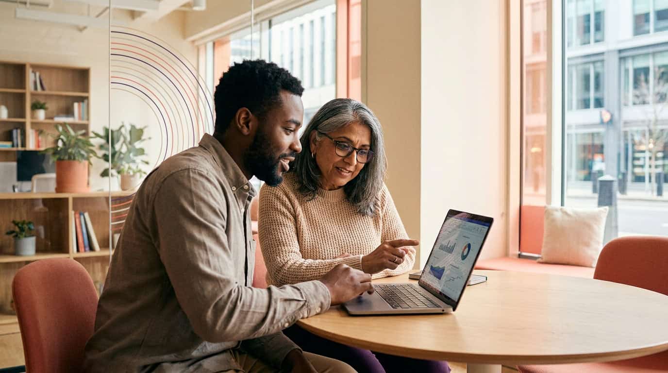 Sales team reviewing search results together around a laptop