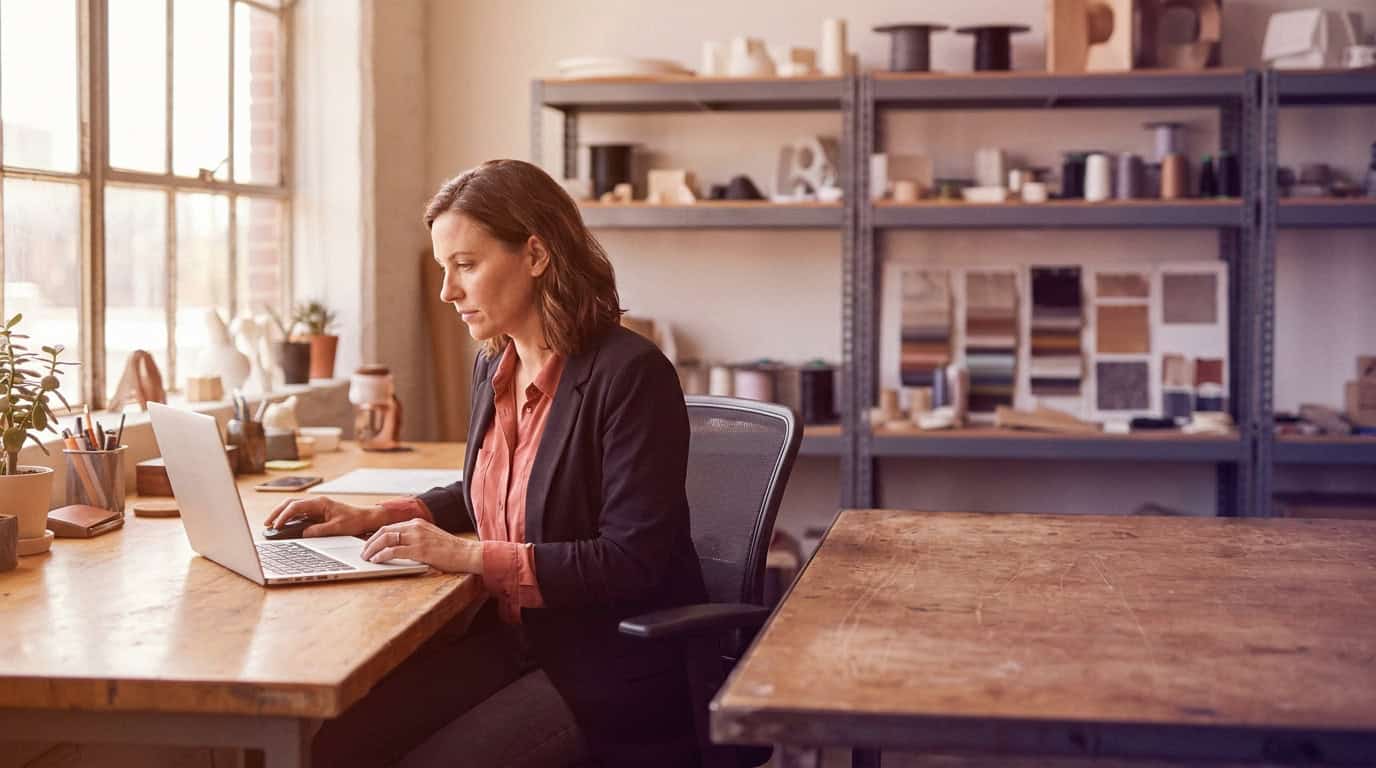 Business owner researching suppliers on a laptop in a workshop office