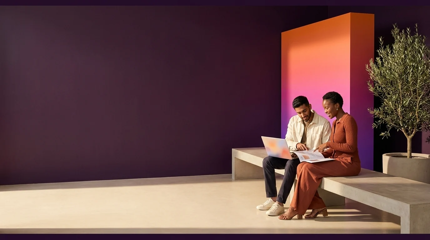 Two young colleagues on a concrete bench against a plum wall, deciding together over a printed guide and a laptop, in front of an orange-to-violet block and an olive tree