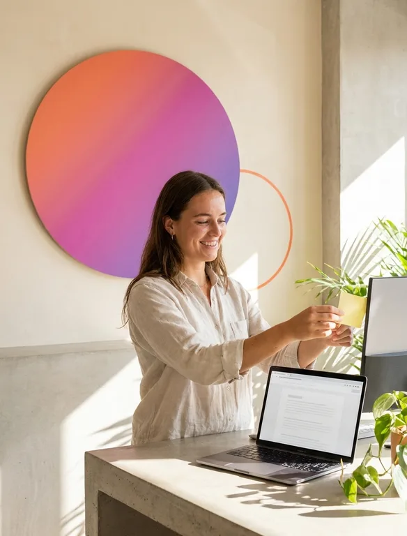 A young woman at a sunlit desk peeling a sticky note off her monitor, smiling