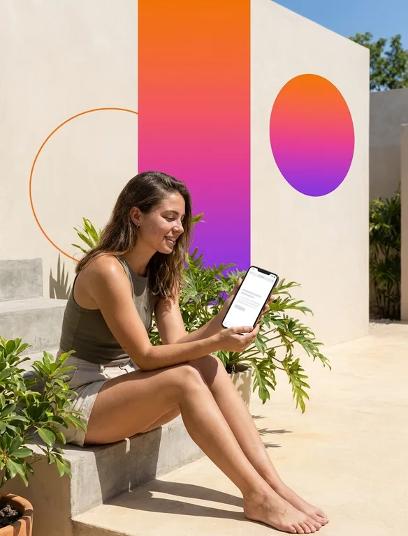 A young woman on sunlit steps reading her phone with a raised eyebrow