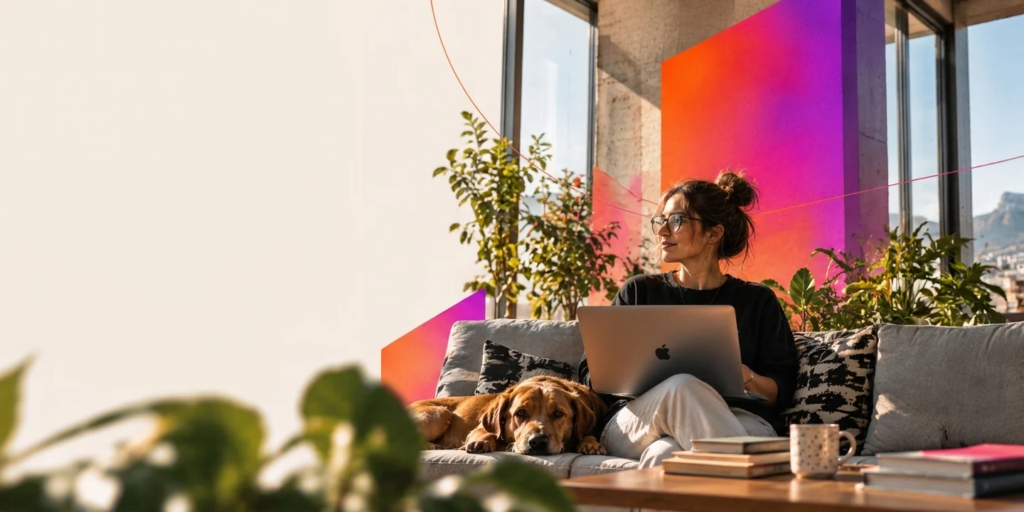 A young woman on a sunlit sofa with her laptop and her dog asleep beside her, in front of an orange-to-violet wall, with Table Mountain through the window
